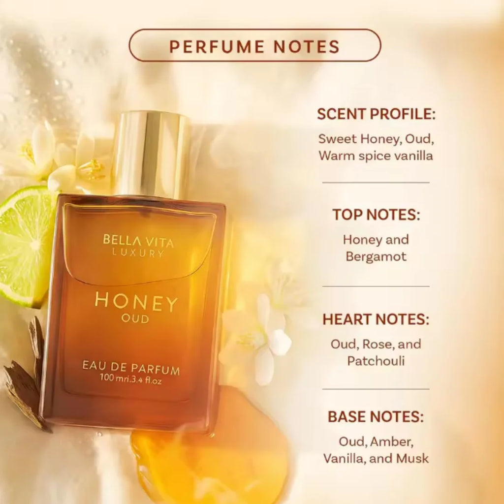 BellaVita Luxury Honey Oud Eau de Parfum 100ml | Warm Amber Vanilla, Long-Lasting Unisex Scent, Ideal Holiday Gift