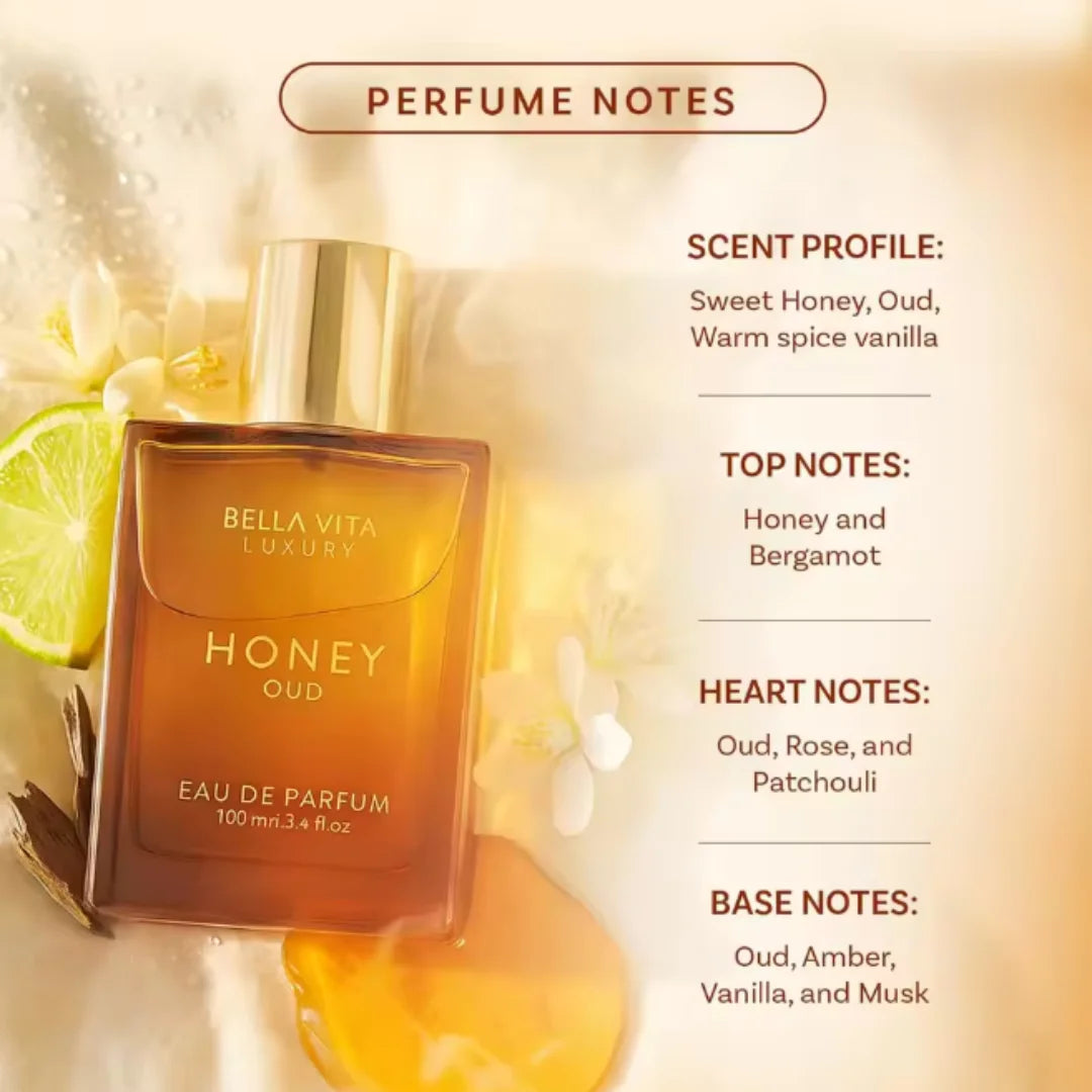 BellaVita Luxury Honey Oud Eau de Parfum 100ml | Warm Amber Vanilla, Long-Lasting Unisex Scent, Ideal Holiday Gift