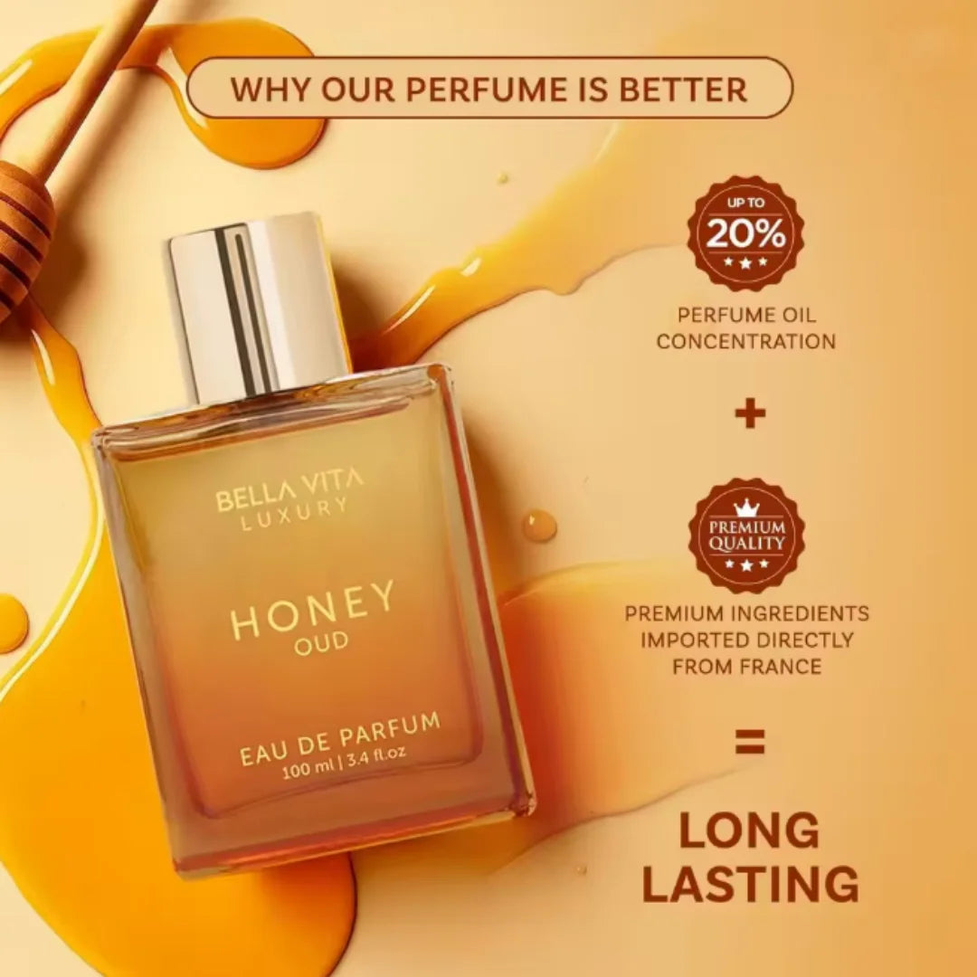 BellaVita Luxury Honey Oud Eau de Parfum 100ml | Warm Amber Vanilla, Long-Lasting Unisex Scent, Ideal Holiday Gift